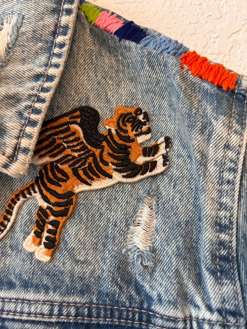 Old Navy Light Wash Denim Jacket with Colorful Embroidery sequin skull - Picture 2 of 8